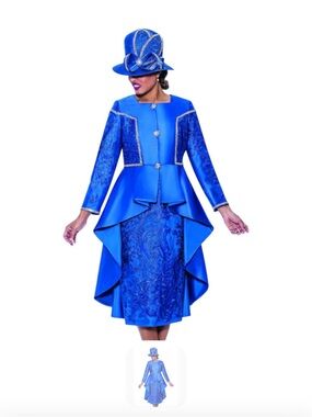 G.M.I. NY Royal Blue 2 Pcs Skirt Suit Set Size 8 Embroidered Rhinestone NWT